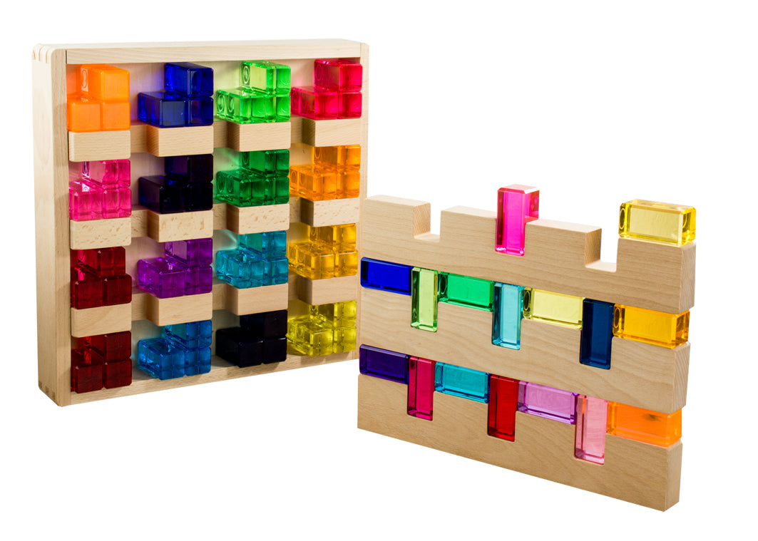 Jeu de construction en bois avec blocs acryliques et bandes de montage, 70 pièces.
