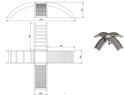 Pont d'escalade composé de 4 parties avec plateforme centrale : filet d'escalade, échelle à barreaux, échelle de gymnastique