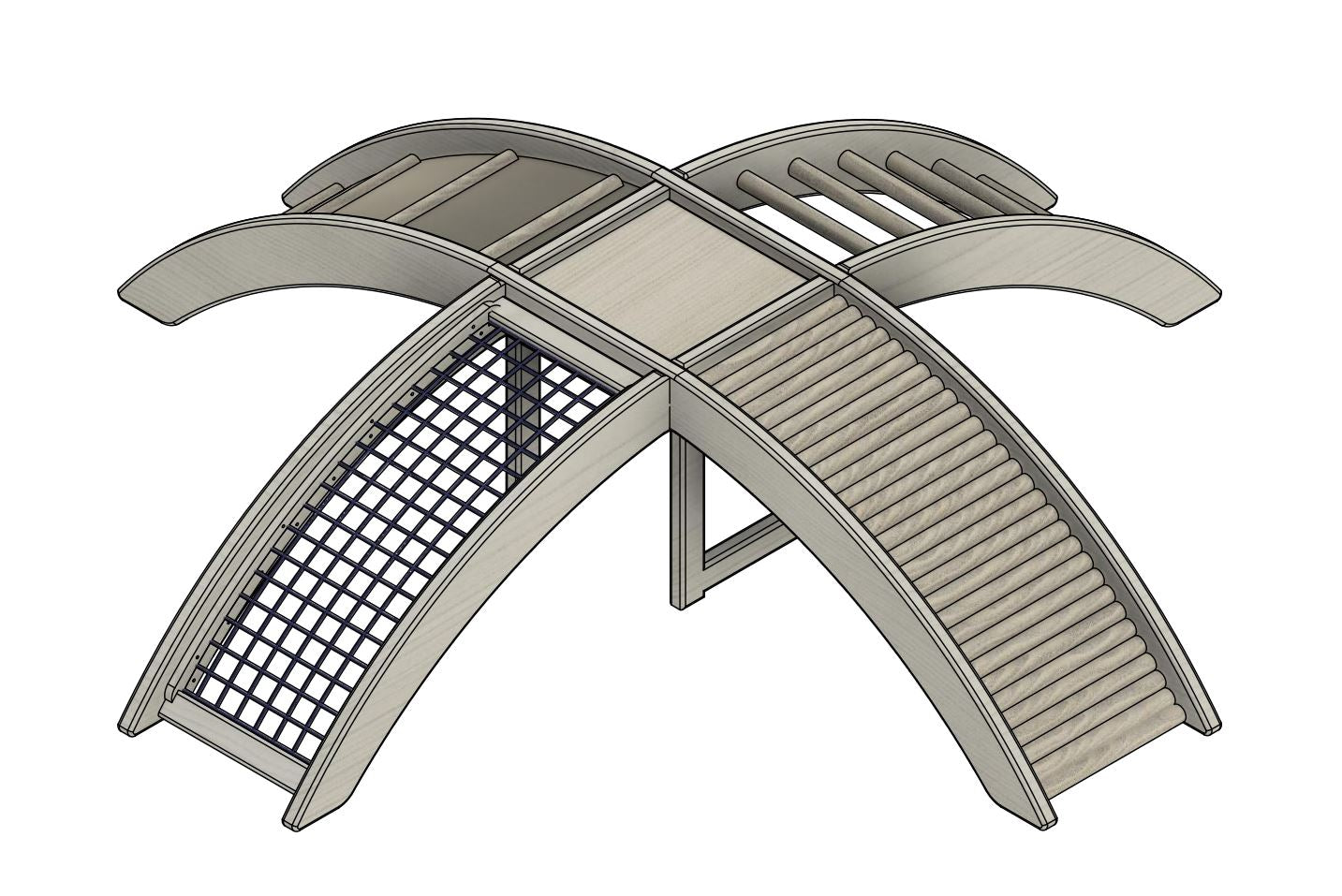 Pont d'escalade composé de 4 parties avec plateforme centrale : filet d'escalade, échelle à barreaux, échelle de gymnastique