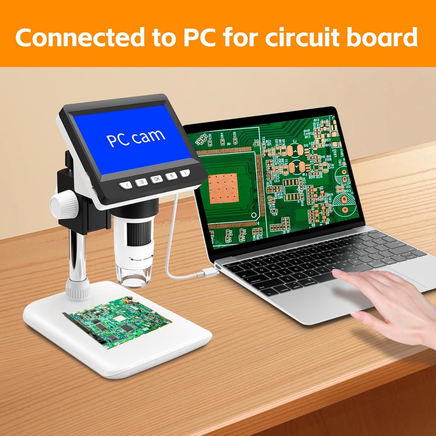 Digital microscope with 4.3" screen, up to 1000x magnification and 8 adjustable LED lights
