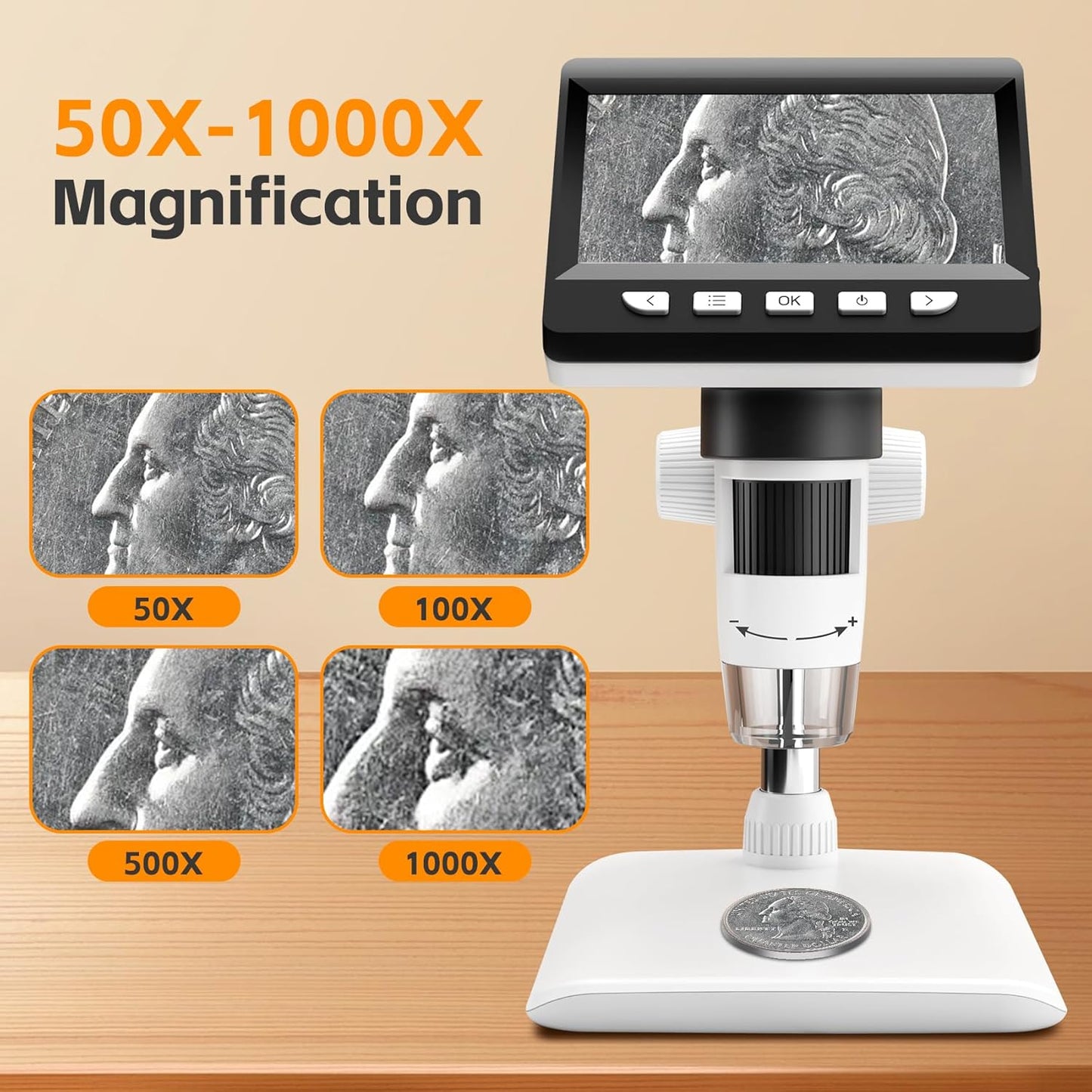 Digital microscope with 4.3" screen, up to 1000x magnification and 8 adjustable LED lights