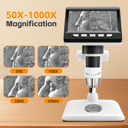 Digital microscope with 4.3" screen, up to 1000x magnification and 8 adjustable LED lights