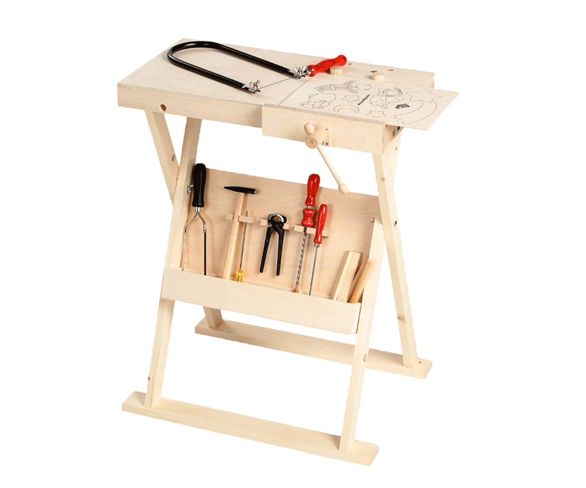 Klappbare Werkbank aus Holz höhenverstellbar mit Ablage, 1 Einspannhalterungen