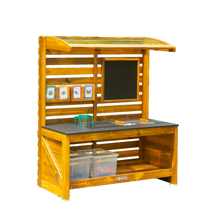 Outdoor discovery station with map set, viewing boxes, observation box, pliers, net, magnifying box and much more.