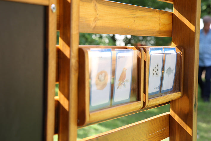 Outdoor discovery station with map set, viewing boxes, observation box, pliers, net, magnifying box and much more.