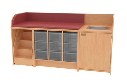 Wickelkommode mit Treppe, Waschbeckenbecken, Unterschränken mit Boxen