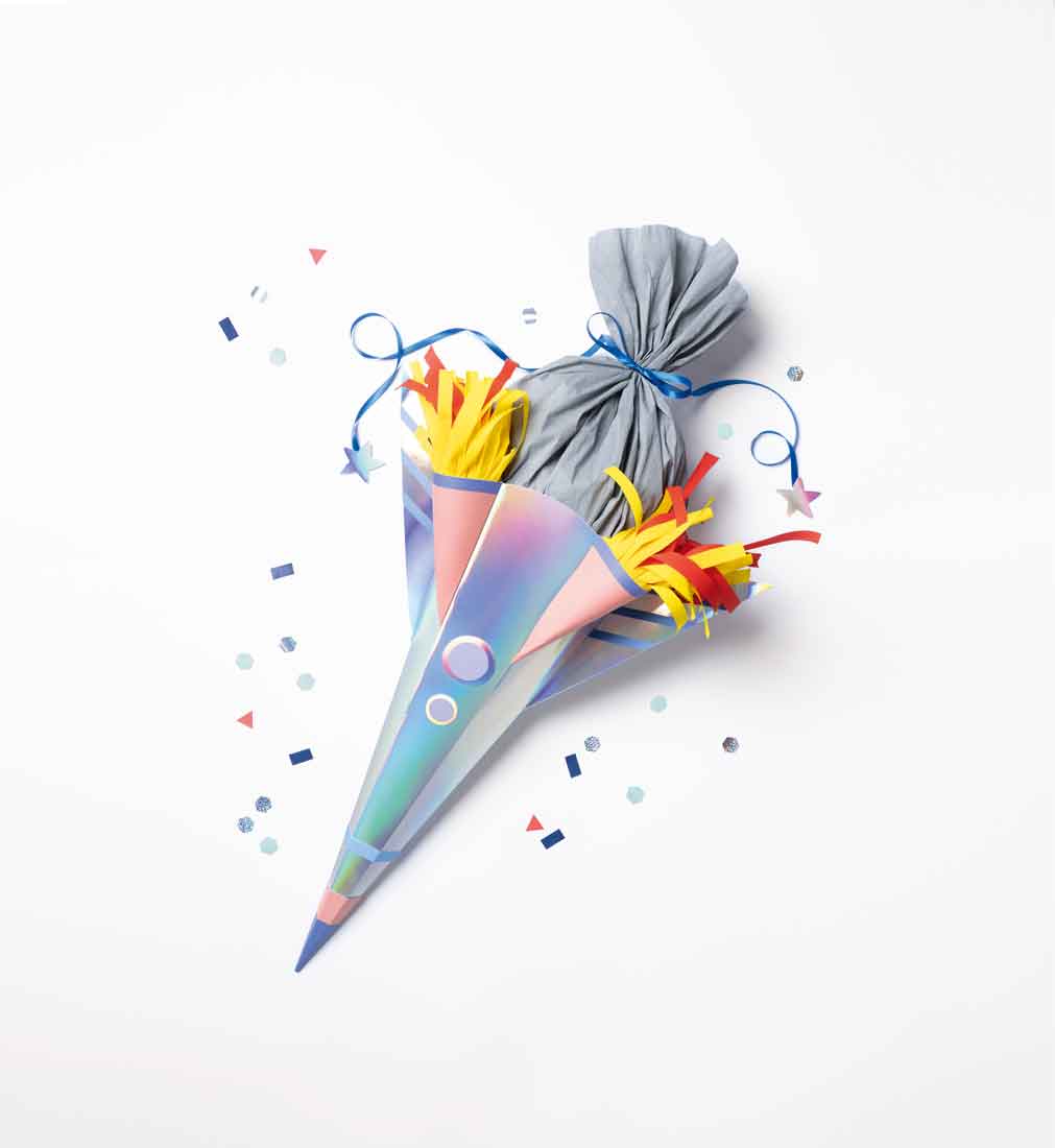 Schultüte Bastelset mit 3 Motivvorlagen für Hai oder Dino oder Rakete