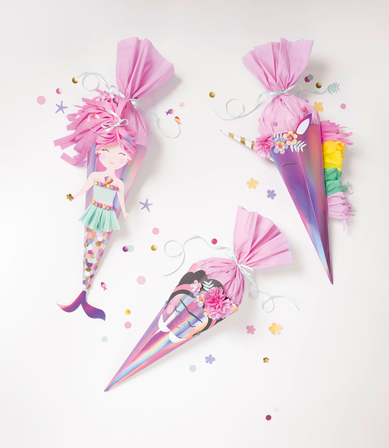 Schultüte Bastelset mit 3 Motivvorlagen für Einhorn oder Frida oder Meerjungfrau