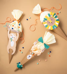 Schultüte Bastelset mit 3 Motivvorlagen für Lama oder Löwe oder Faultier