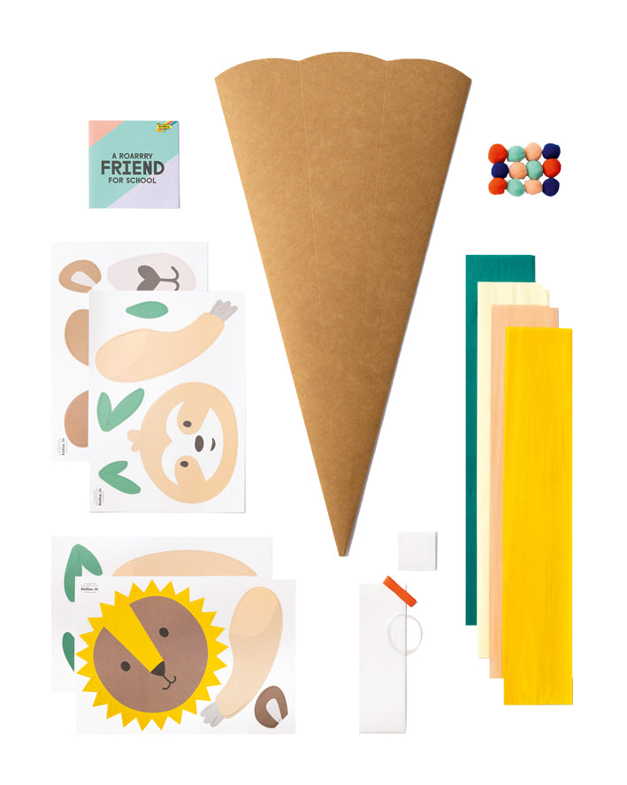 Schultüte Bastelset mit 3 Motivvorlagen für Lama oder Löwe oder Faultier