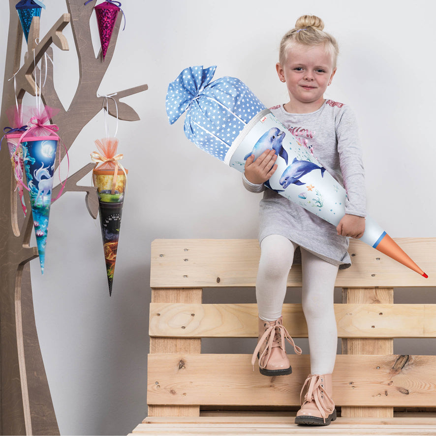 ROTH Schultüte Lieblingsstück Delfin Duo rund verstärkter Spitze mit Stoffverschluss 70 cm