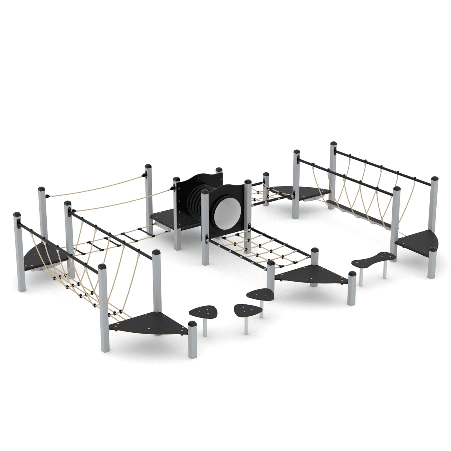 Kletterlandschaft aus Stahl mit Röhren, Netzen und Kletterpodesten