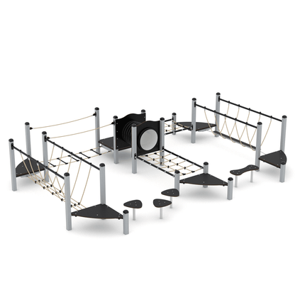 Kletterlandschaft aus Stahl mit Röhren, Netzen und Kletterpodesten