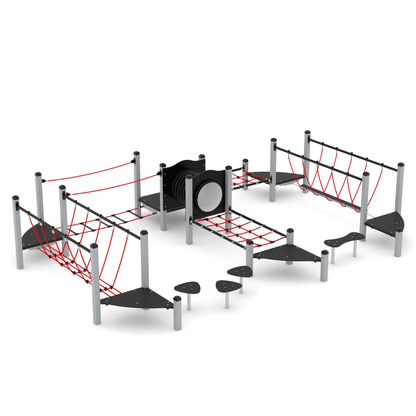 Kletterlandschaft aus Stahl mit Röhren, Netzen und Kletterpodesten