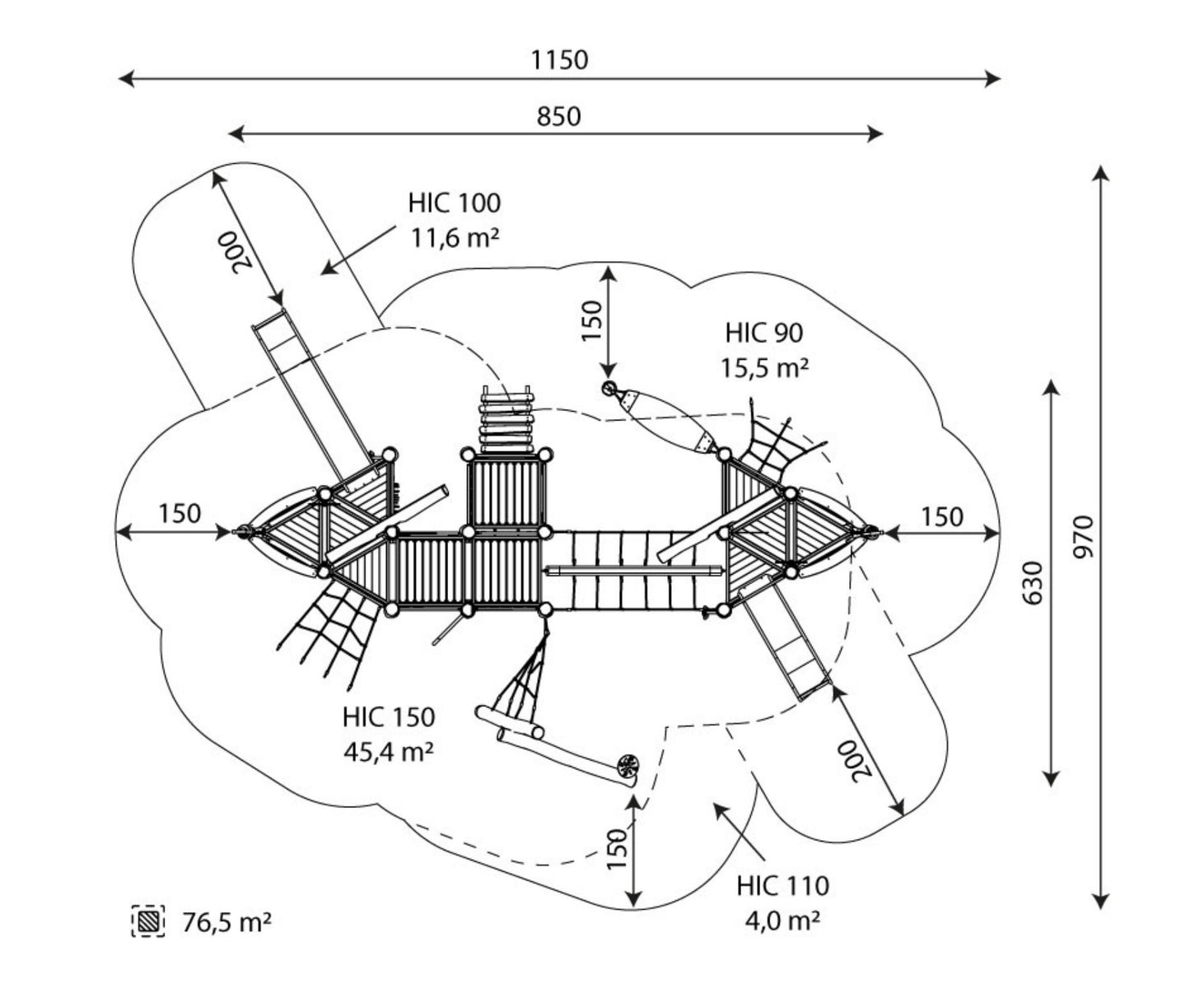 Spielschiff Robinie zweigeteilt mit Verbindungssteg