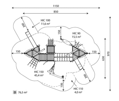 Spielschiff Robinie zweigeteilt mit Verbindungssteg