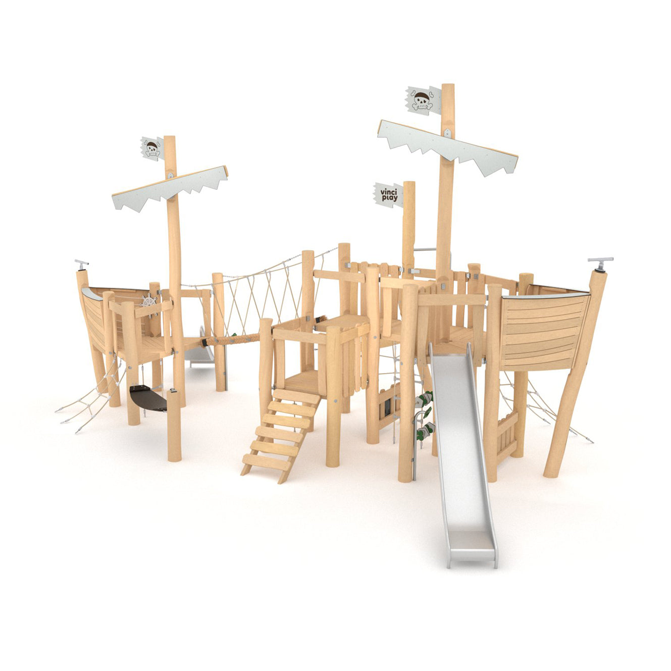 Spielschiff Robinie zweigeteilt mit Verbindungssteg