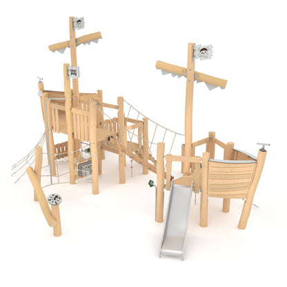 Spielschiff Robinie zweigeteilt mit Verbindungssteg