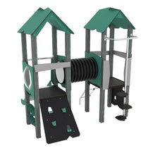 Doppelturmanlage mit Verbindungsröhre und spannenden Auf- und Abstiegsvarianten für Kinder ab 3 Jahren aus Recyclingmaterial