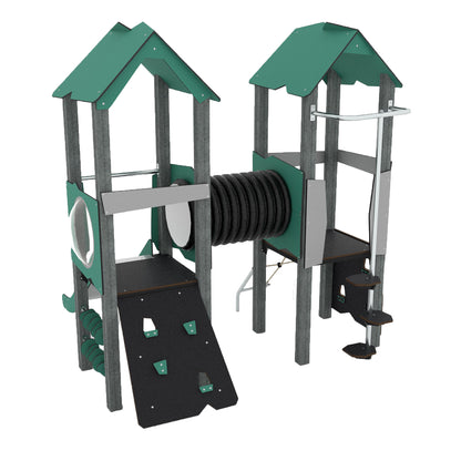 Doppelturmanlage mit Verbindungsröhre und spannenden Auf- und Abstiegsvarianten für Kinder ab 3 Jahren aus Recyclingmaterial