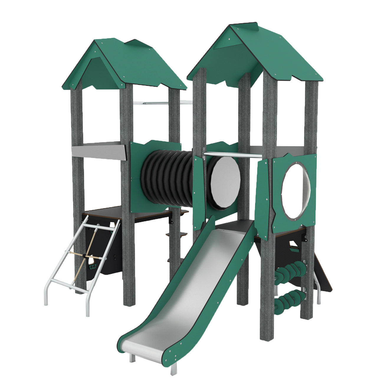Doppelturmanlage mit Verbindungsröhre und spannenden Auf- und Abstiegsvarianten für Kinder ab 3 Jahren aus Recyclingmaterial