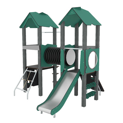 Doppelturmanlage mit Verbindungsröhre und spannenden Auf- und Abstiegsvarianten für Kinder ab 3 Jahren aus Recyclingmaterial