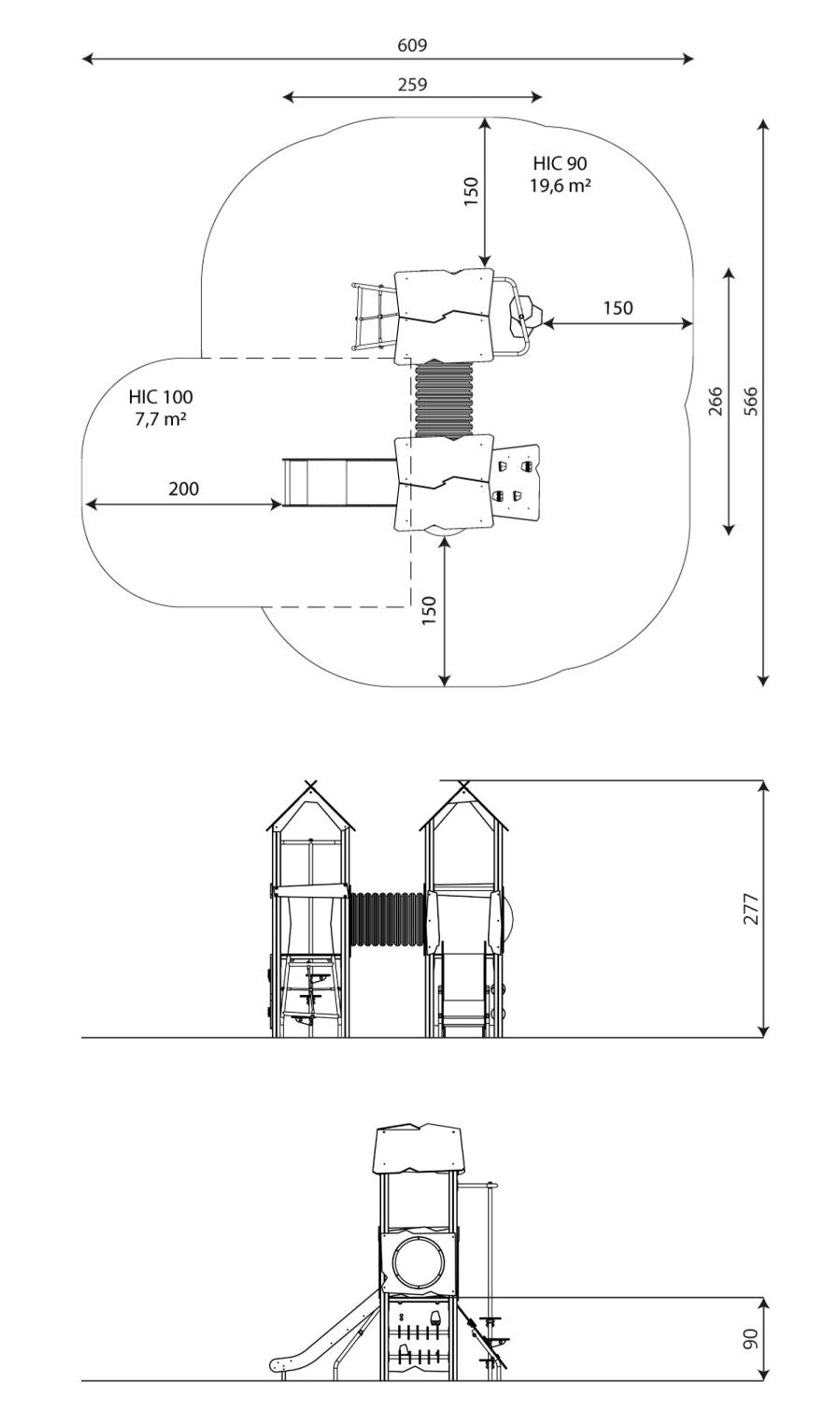 Doppelturmanlage mit Verbindungsröhre und spannenden Auf- und Abstiegsvarianten für Kinder ab 3 Jahren aus Recyclingmaterial