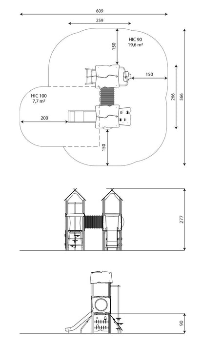 Doppelturmanlage mit Verbindungsröhre und spannenden Auf- und Abstiegsvarianten für Kinder ab 3 Jahren aus Recyclingmaterial