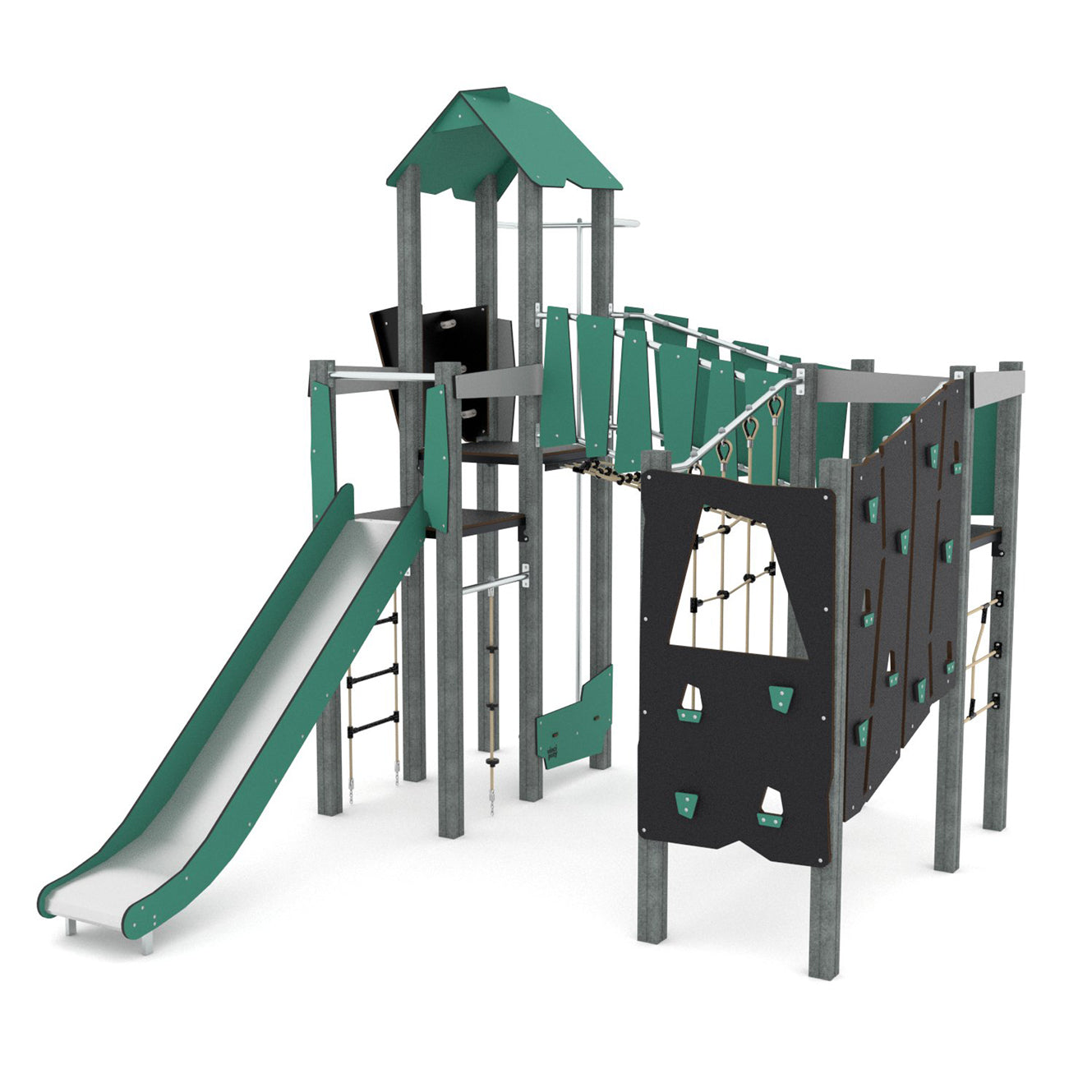 Climbing structure with 2 towers, bridge, slide, fireman's pole and many climbing elements made from recycled material