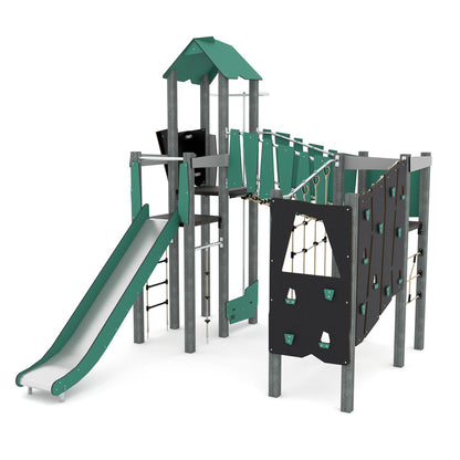 Climbing structure with 2 towers, bridge, slide, fireman's pole and many climbing elements made from recycled material