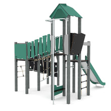 Kletteranlage mit 2 Türmen, Brücke, Rutsche, Feuerwehrstange und vielen Kletterelementen aus  Recyclingmaterial