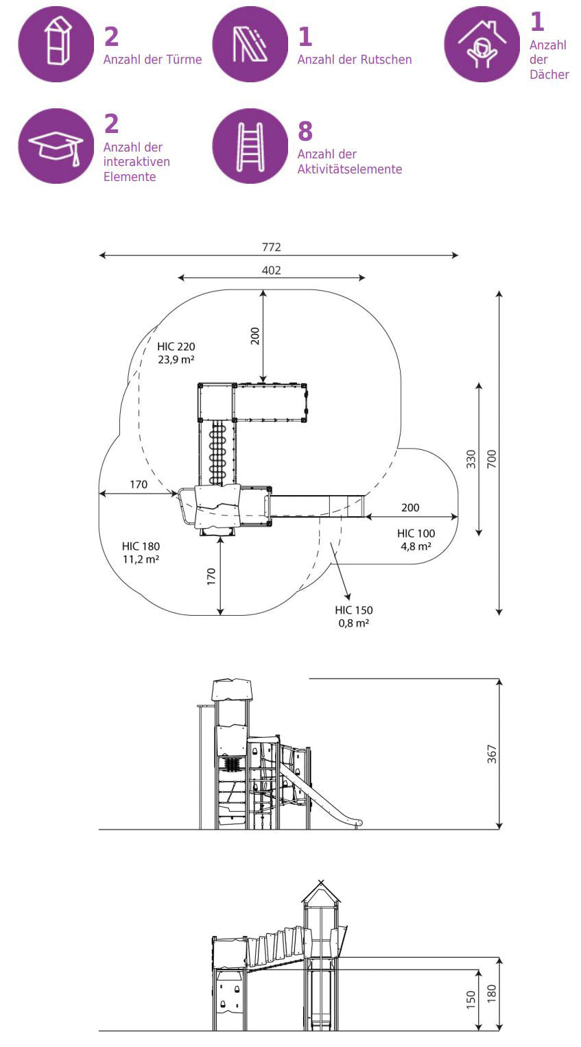 Climbing structure with 2 towers, bridge, slide, fireman's pole and many climbing elements made from recycled material