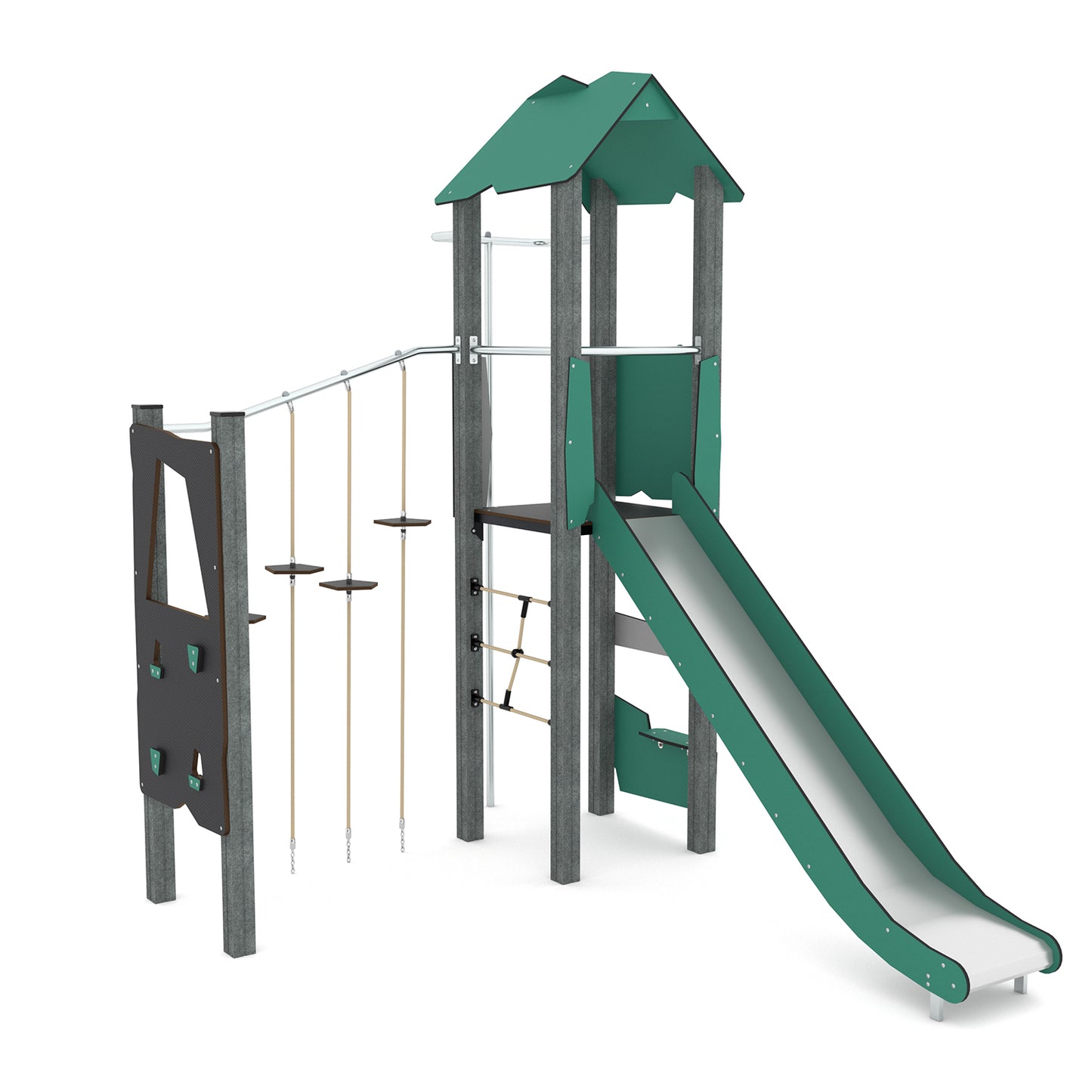 Große Kletteranlage recycelt mit Rutsche, Kletterbrett und Feuerwehrstange